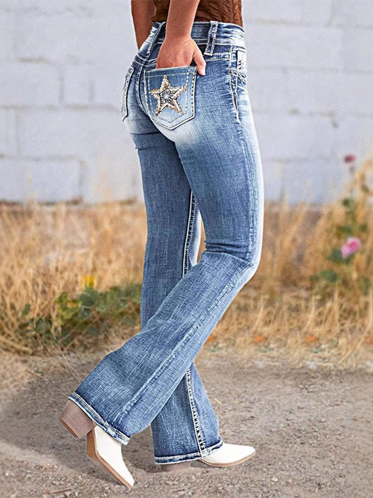 Embroidered straight-leg stretch jeans