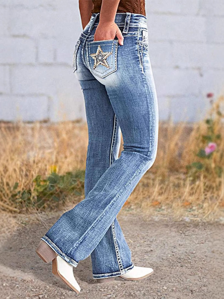 Embroidered straight-leg stretch jeans