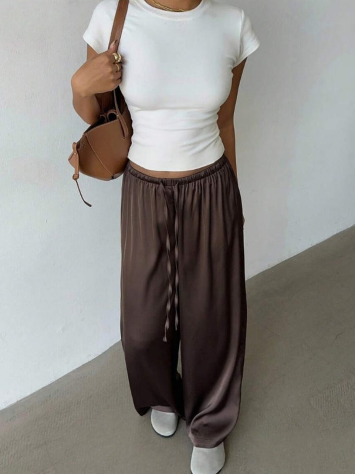 Satin High-Waisted Wide Leg Pants - Elastic Drawstring Flowy Trousers