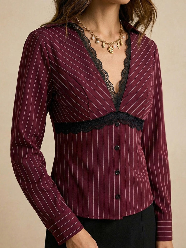Burgundy Pinstripe Lace Trim Fitted Blouse