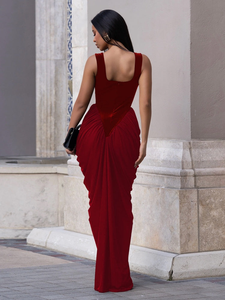 Square Neck Velvet Spliced Ruched Mermaid Maxi Dress