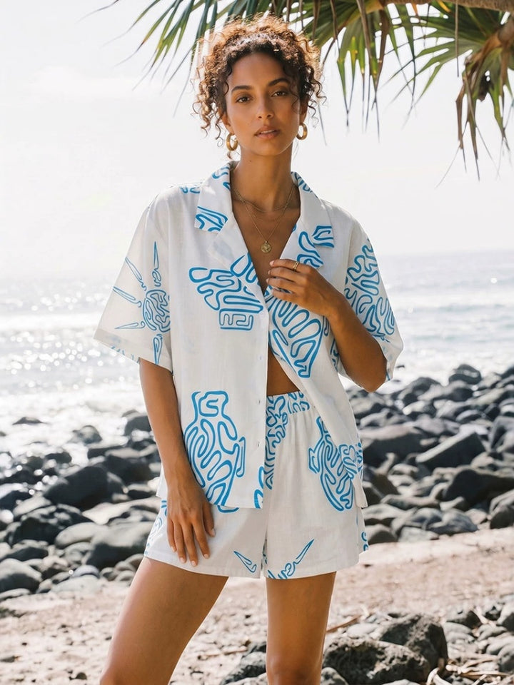 Print Button-Down Shirt &amp; Shorts Set
