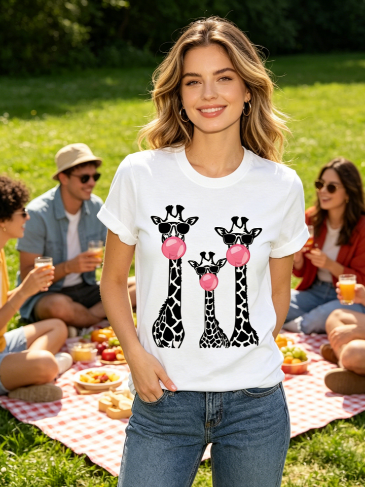 Funny Giraffe Family Bubblegum Print Crew Neck T-Shirt