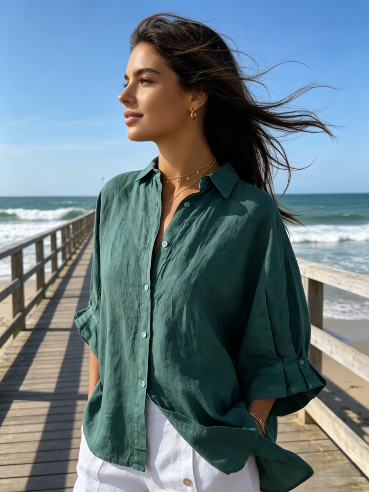 Linen Blend Oversized Button-Down Shirt - Breathable, Multiple Colors
