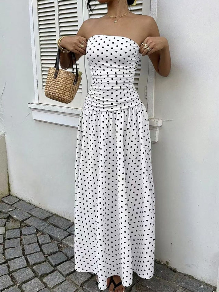 Strapless Ruched Polka Dot Flowy Maxi Dress