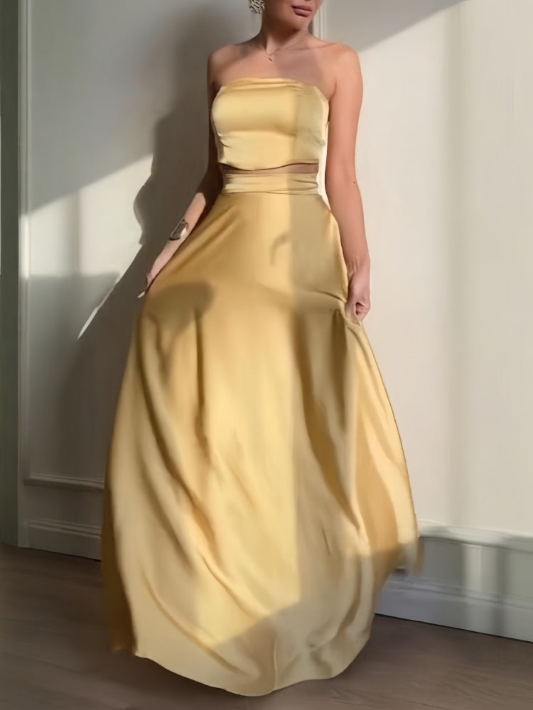 Gold Satin Strapless Cut-Out Two Piece Maxi Skirt Set