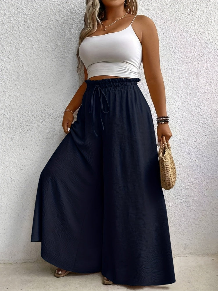 Solid color, loose fit, draped, drawstring wide-leg casual pants