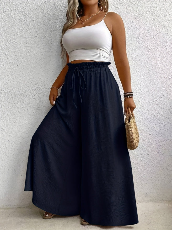 Solid color, loose fit, draped, drawstring wide-leg casual pants