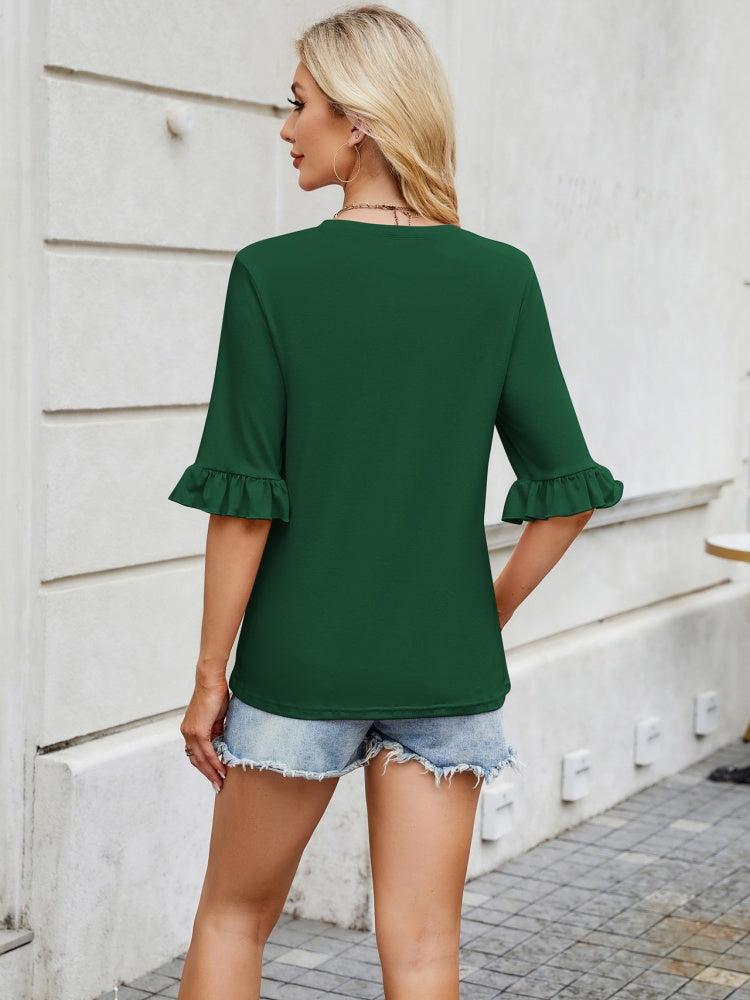 Pleated Ruffle Cuff Mid-Sleeve Blouse