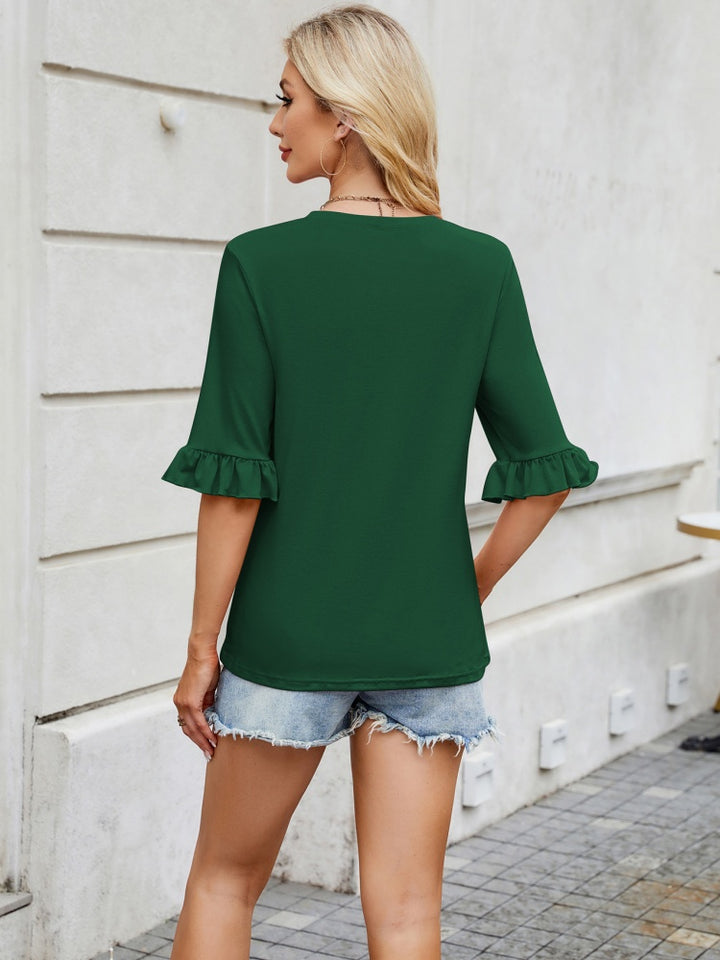 Pleated Ruffle Cuff Mid-Sleeve Blouse