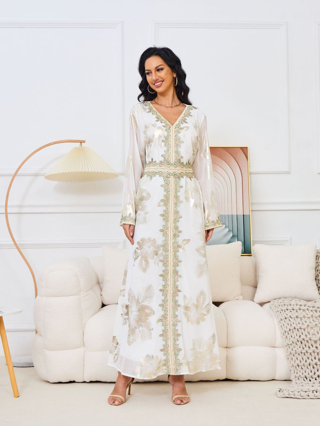 Gold Foil Floral Embroidered Abaya Maxi Dress