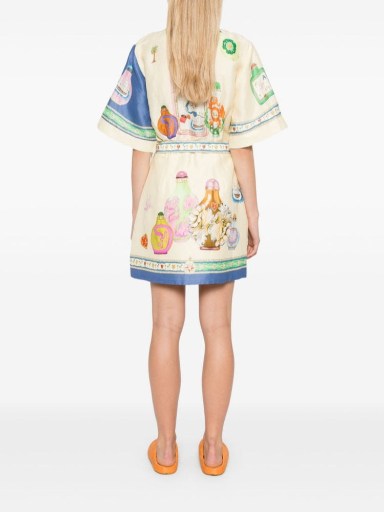 Vintage Marine Print Cotton Linen Shirt Dress - Tie Waist Nautical Mini Dress