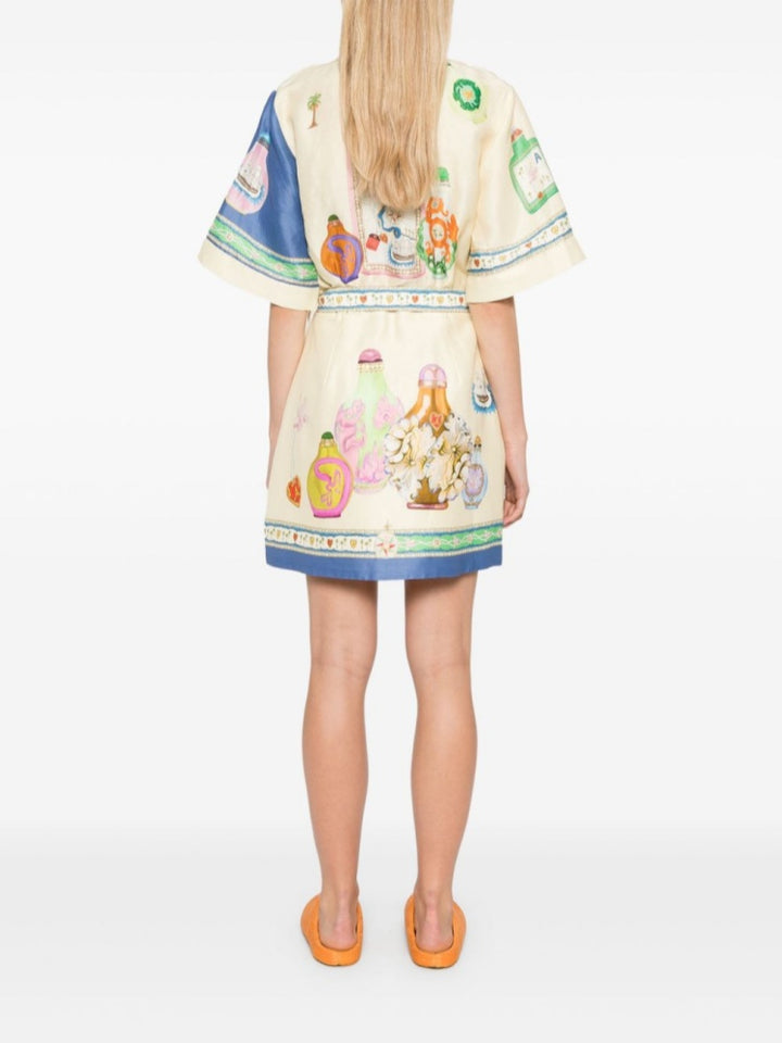 Vintage Marine Print Cotton Linen Shirt Dress - Tie Waist Nautical Mini Dress