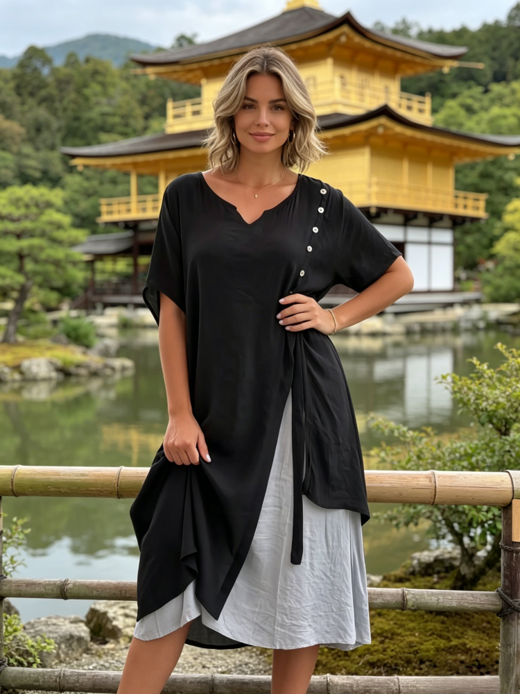 Faux Two Piece Linen Blend Midi Dress