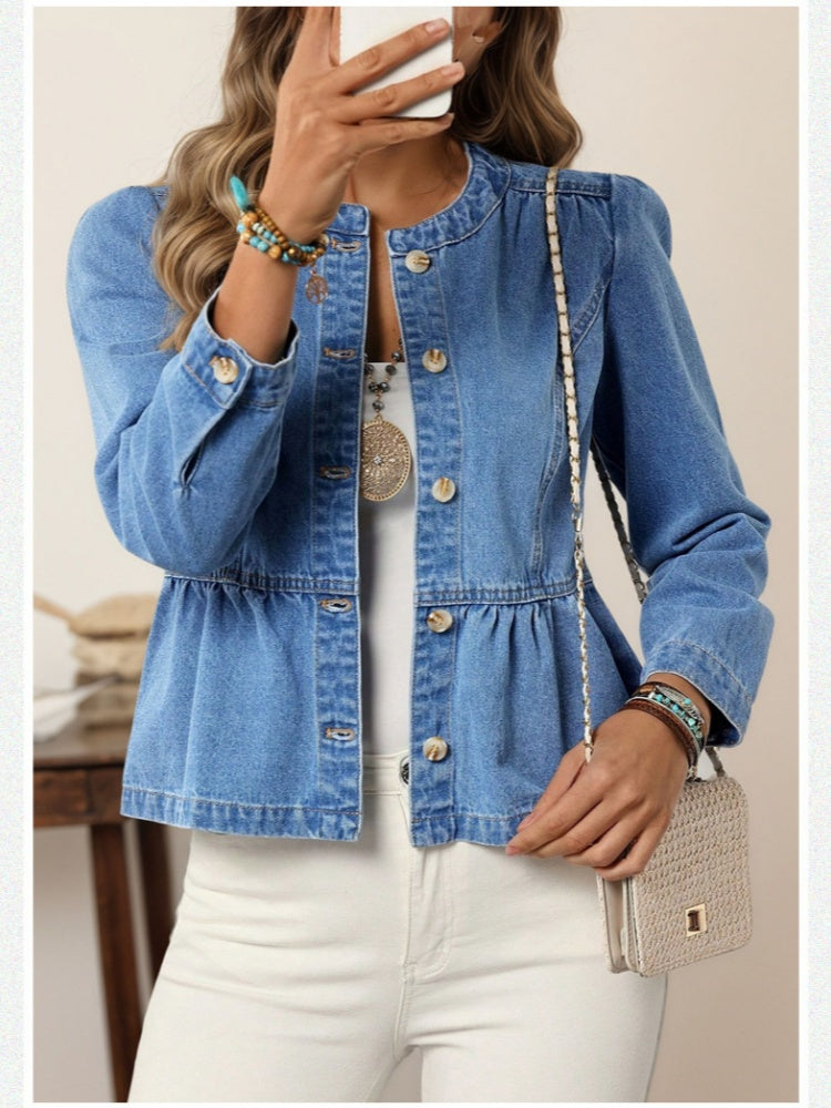 Round Neck Puff Sleeve Peplum Cropped Denim Jacket