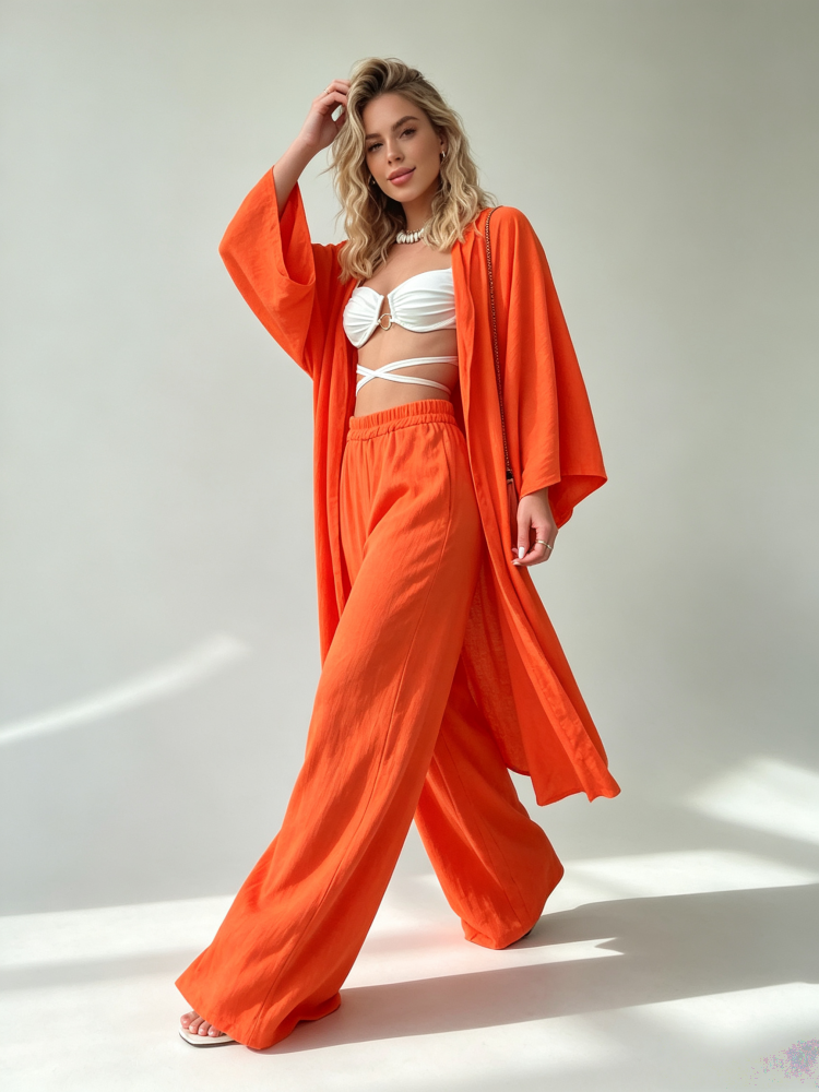 Casual mid-length top and plus-size wide-leg pants two-piece set