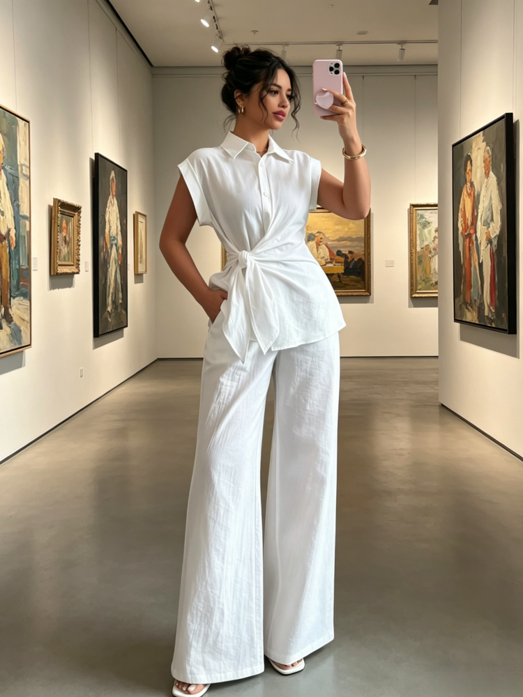 Tie-Waist Sleeveless Shirt &amp; Wide Leg Pants Set