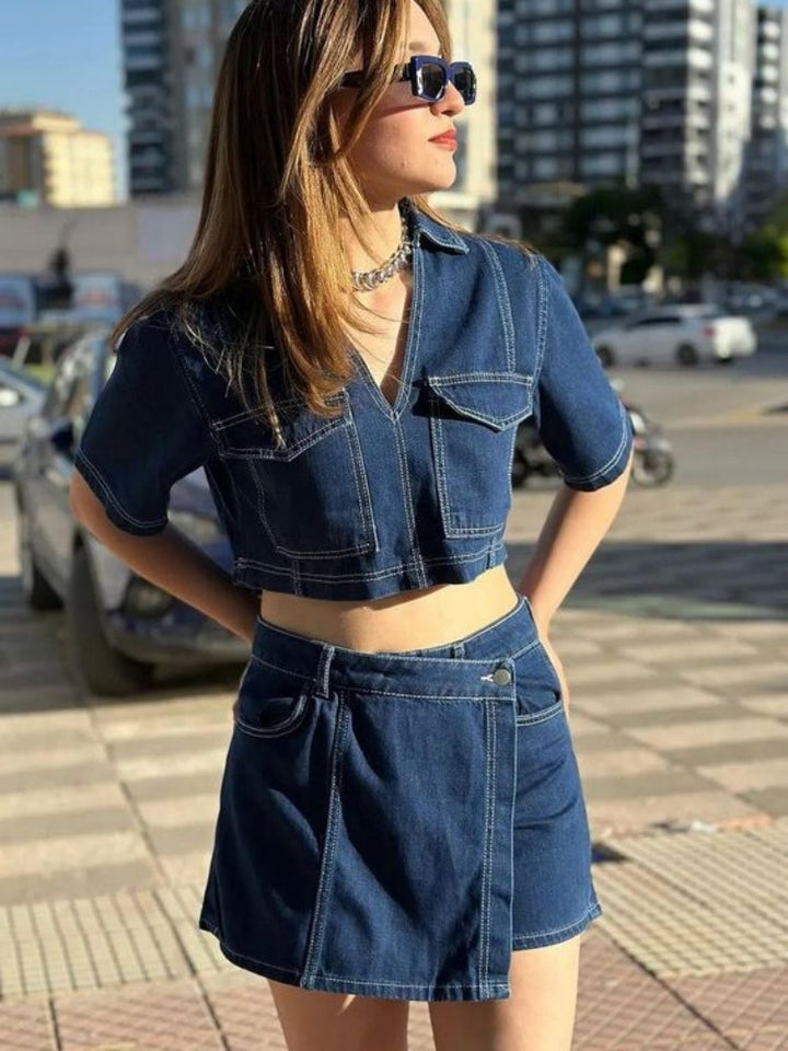 Cargo Pocket Cropped Denim Top &amp; Wrap Skort Two Piece Set