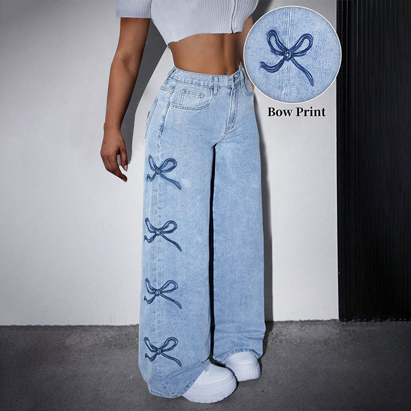Casual high-waisted butterfly print jeans