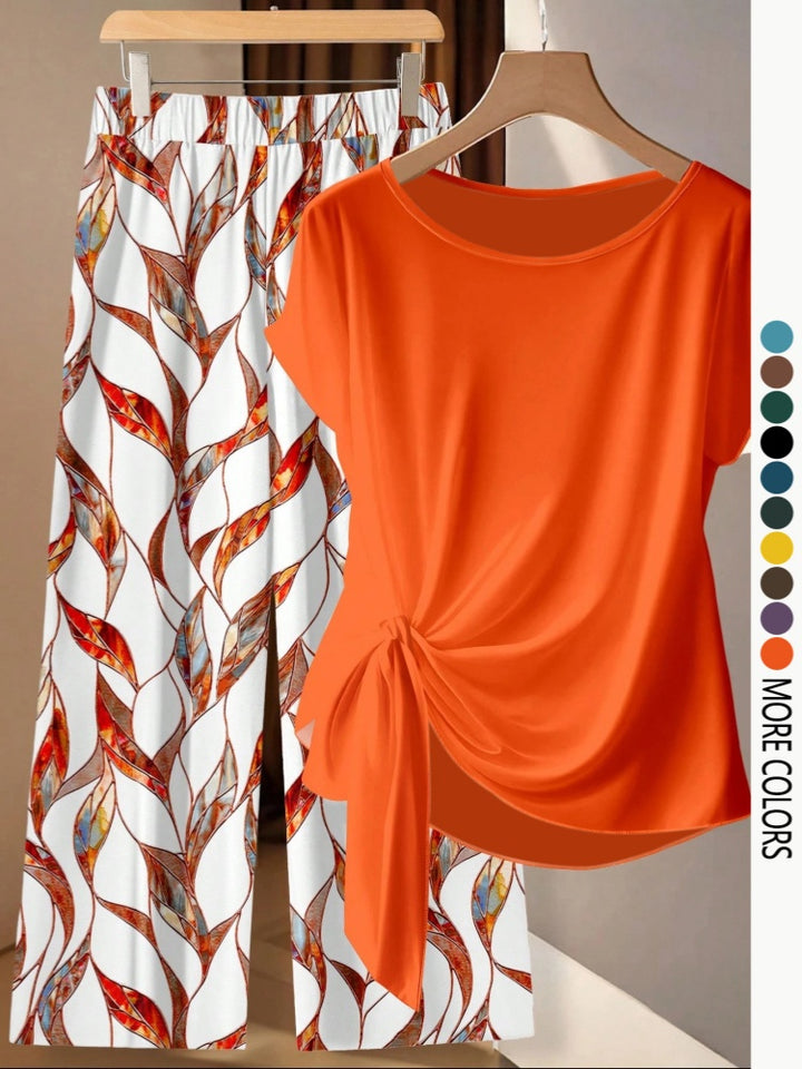 Printed Short Sleeve Twist Top Wide Leg Pants Set
