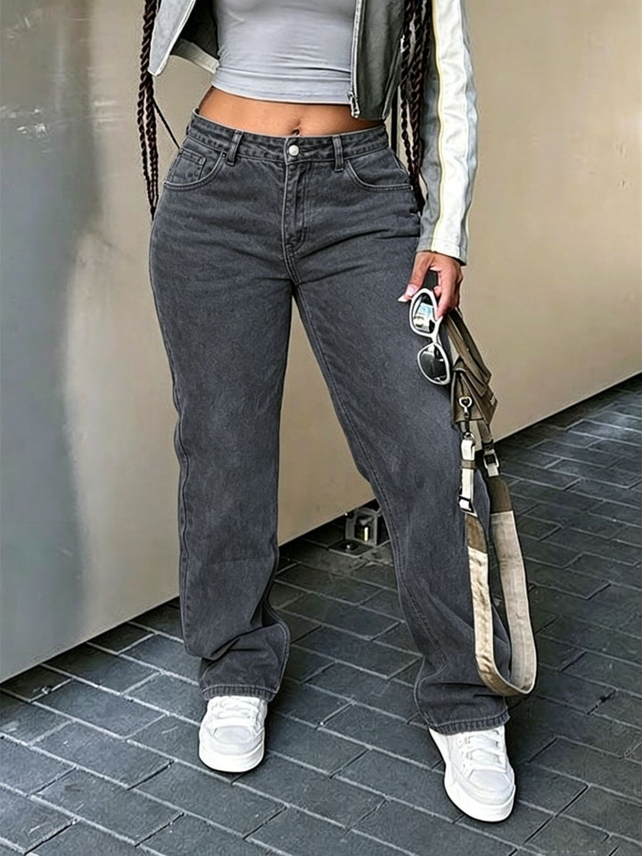 High-elasticity zipper slim-fit wide-leg jeans
