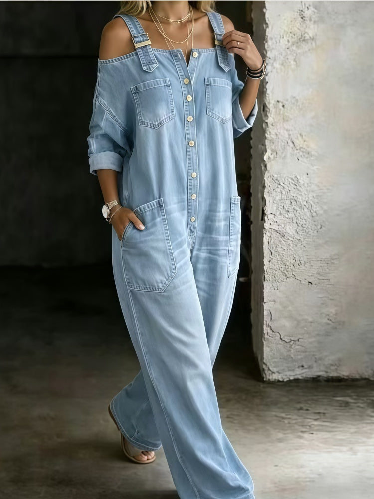 Adjustable Strap Off Shoulder Wide Leg Denim Jumpsuit