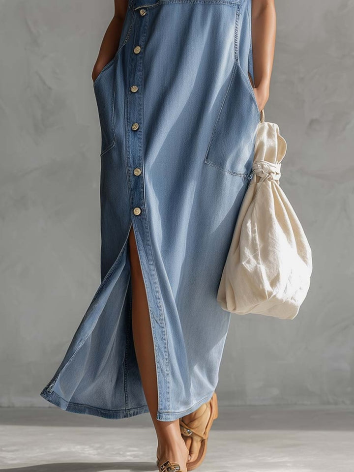 Sleeveless Hooded Denim Midi Dress