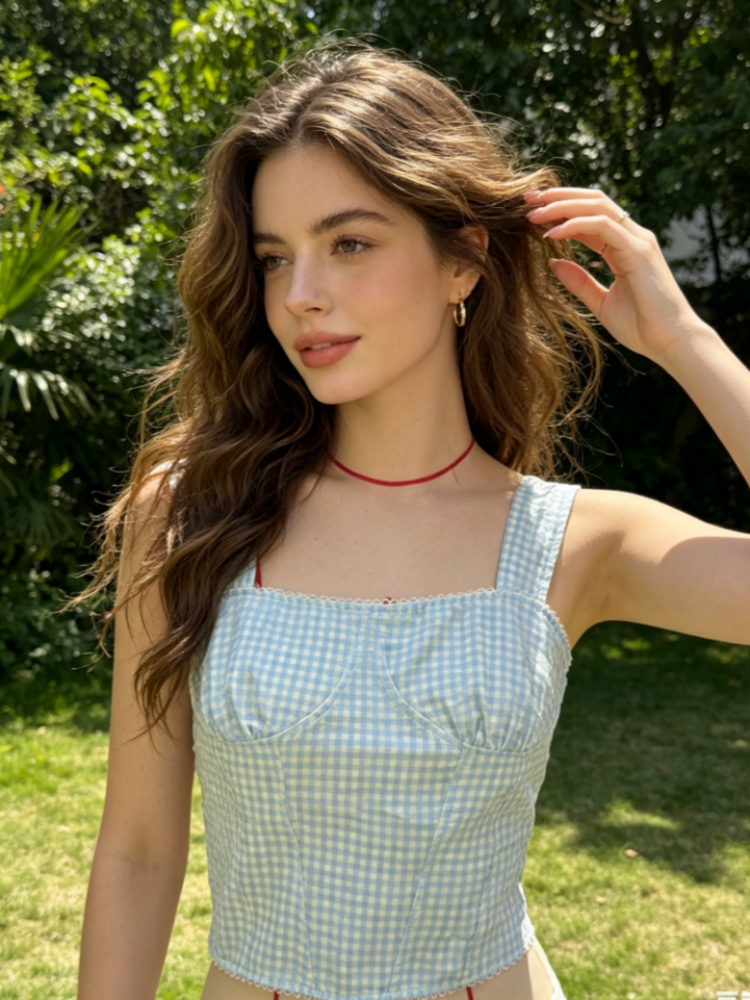 Gingham Square Neck Corset Top