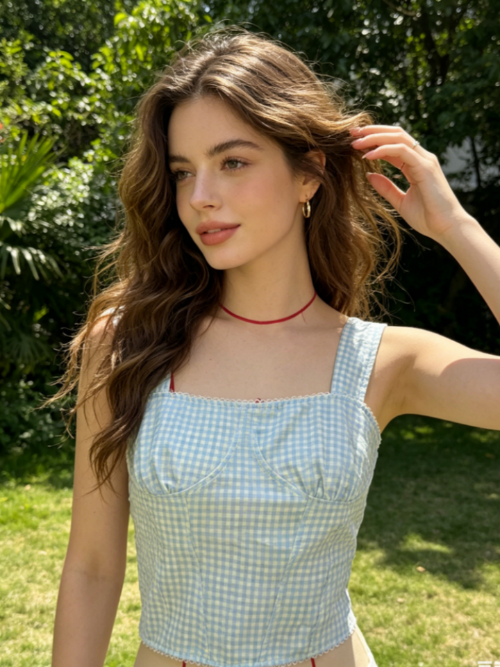 Gingham Square Neck Corset Top