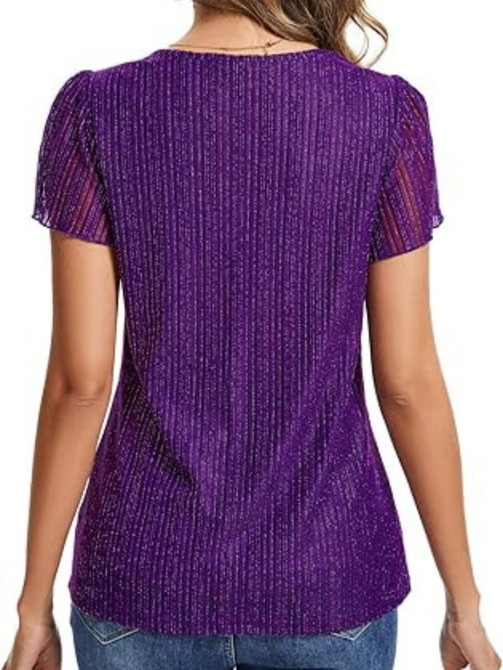 Shiny Pleated V-Neck Flutter Sleeve Top