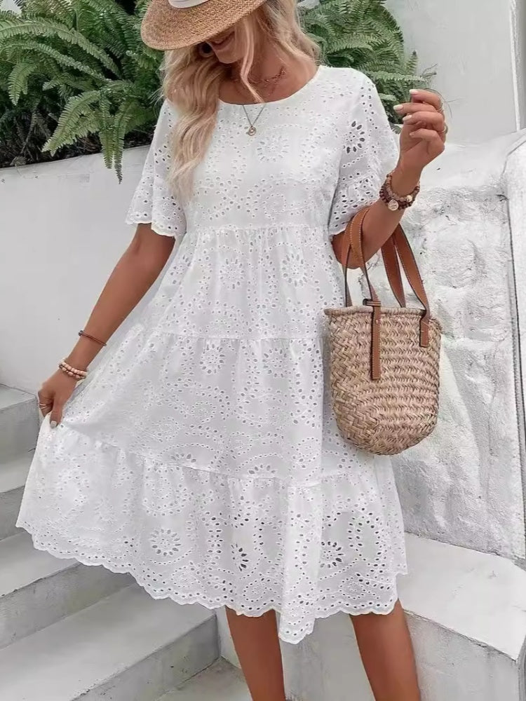 Eyelet Embroidery Flare Sleeve Tiered Midi Dress