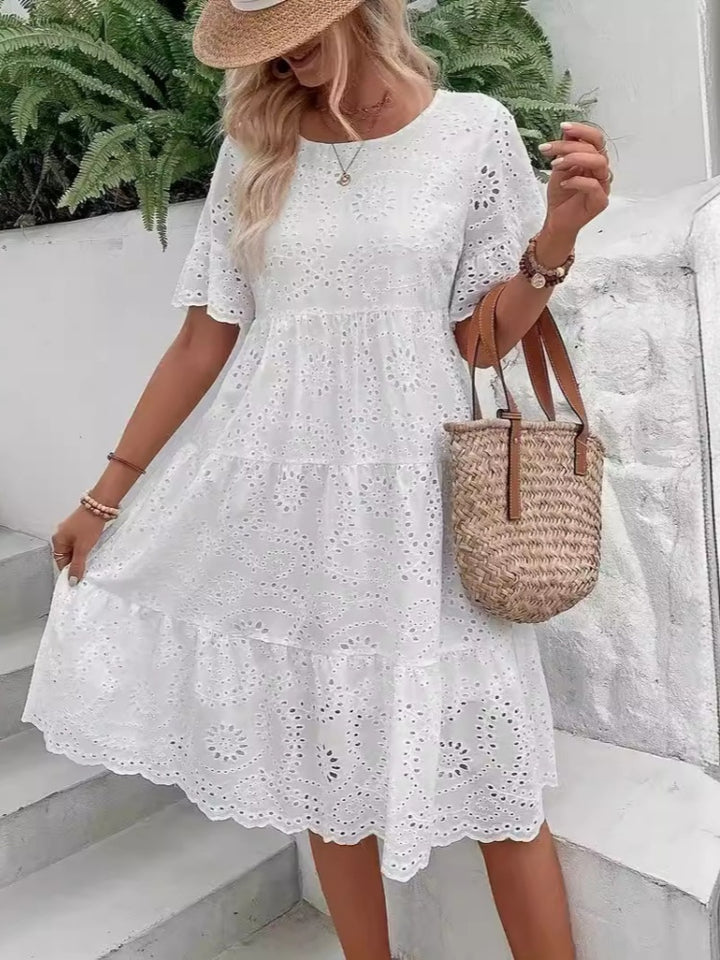 Eyelet Embroidery Flare Sleeve Tiered Midi Dress