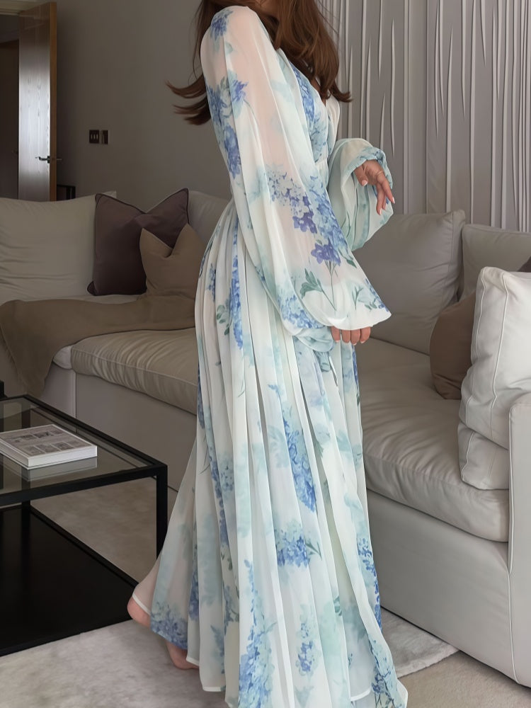 Floral Print Chiffon Balloon Sleeve Maxi Dress