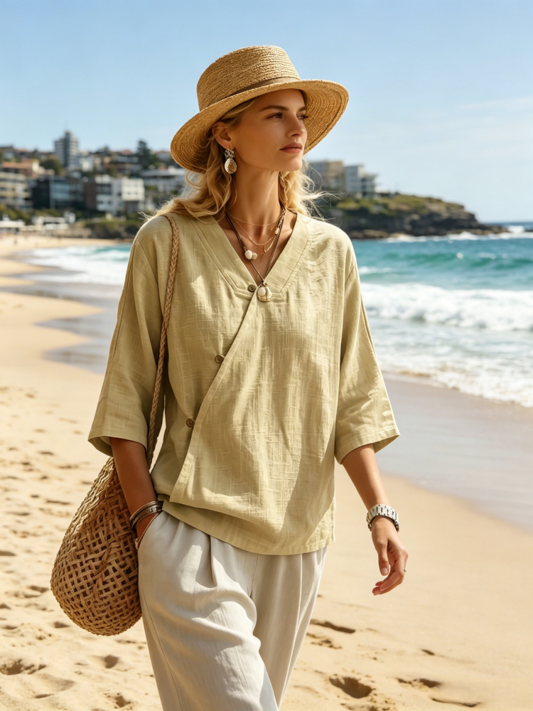 Asymmetric Button Linen Blend Blouse