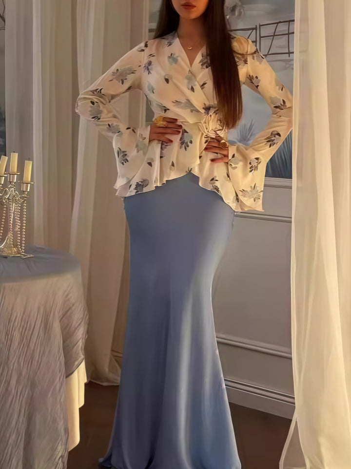 Floral Wrap Top &amp; Mermaid Skirt Two-Piece Set