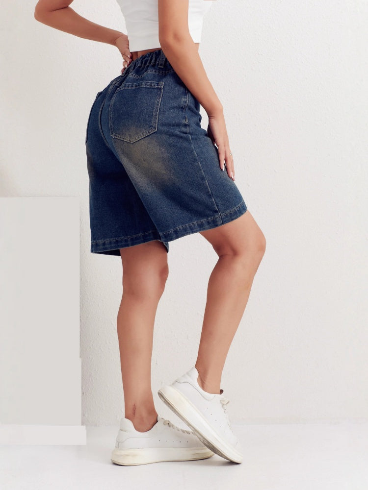 High Waist Vintage Washed Wide Leg Bermuda Denim Shorts