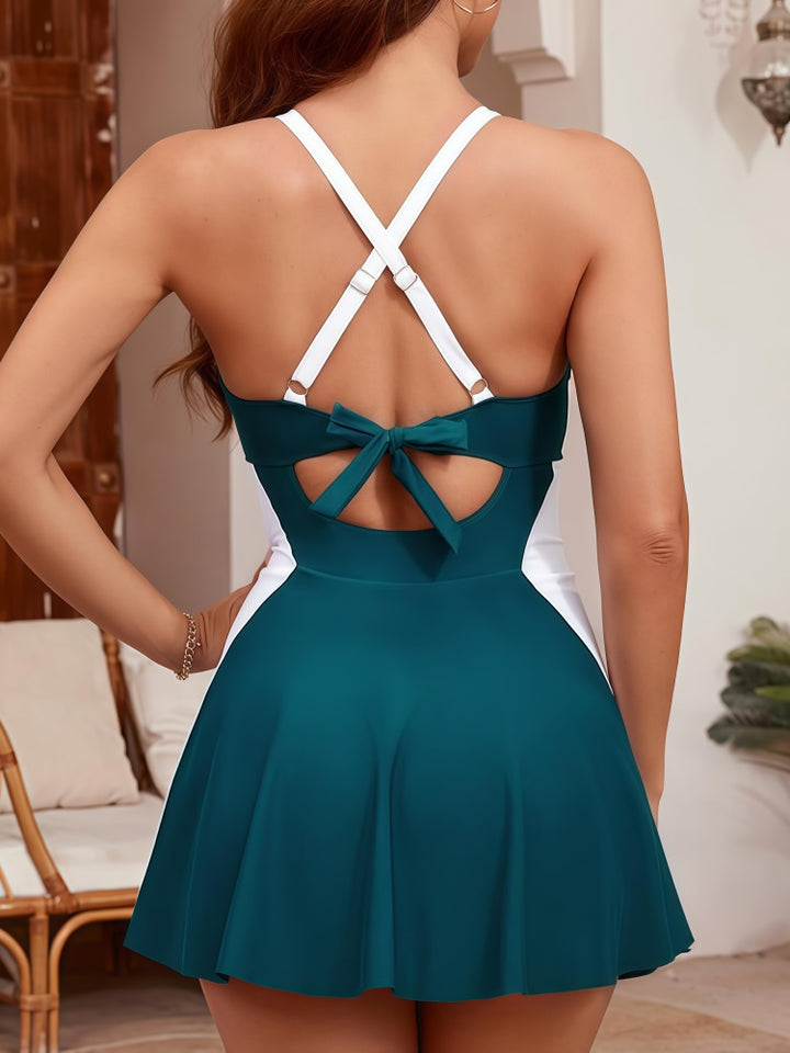 Halter Keyhole Contrast Skirted One Piece Swimdress