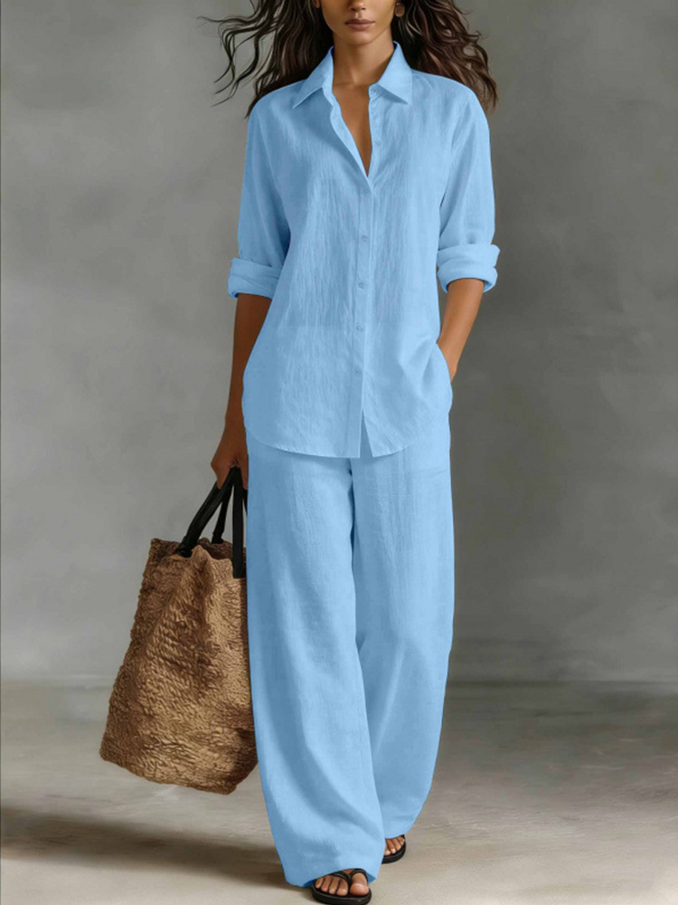 Women Linen Shirt Wide Leg Pants Vacation Two Piece Set