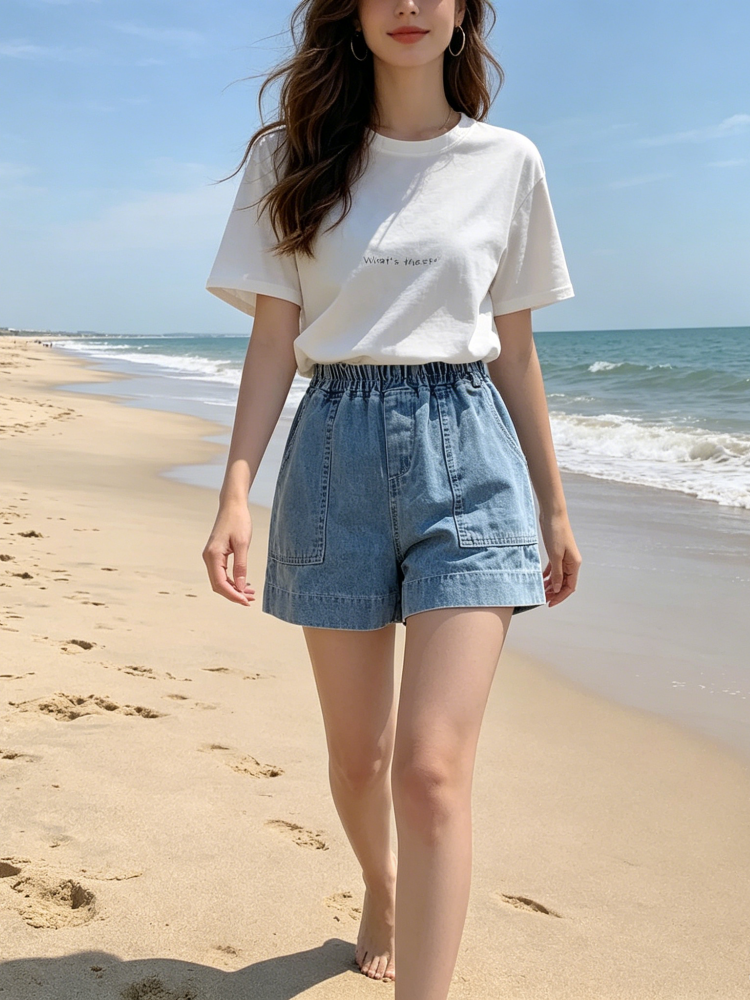 Elastic Waist Wide-Leg Denim Shorts - High-Waisted Casual Summer Shorts