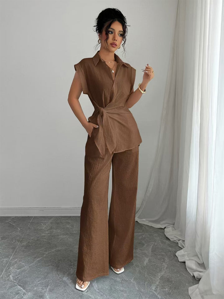 Tie-Waist Sleeveless Shirt &amp; Wide Leg Pants Set