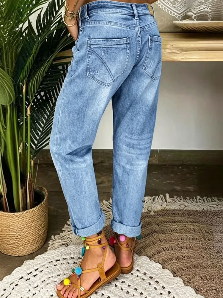 Blue Distressed Straight Leg Jeans