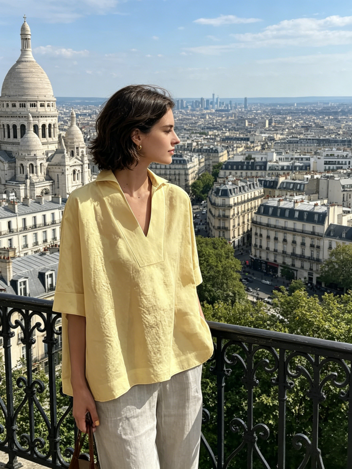 Oversized Linen Blend Collared V-Neck Blouse