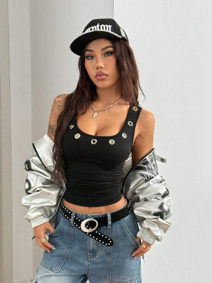 Eyelet Crop Tank Top - Square Neck Sleeveless Fitted Camisole
