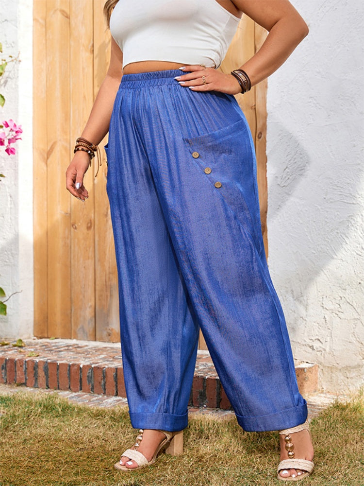 High-Waisted Shiny Blue Harem Pants | Elastic Waist Casual Trousers with Side Buttons