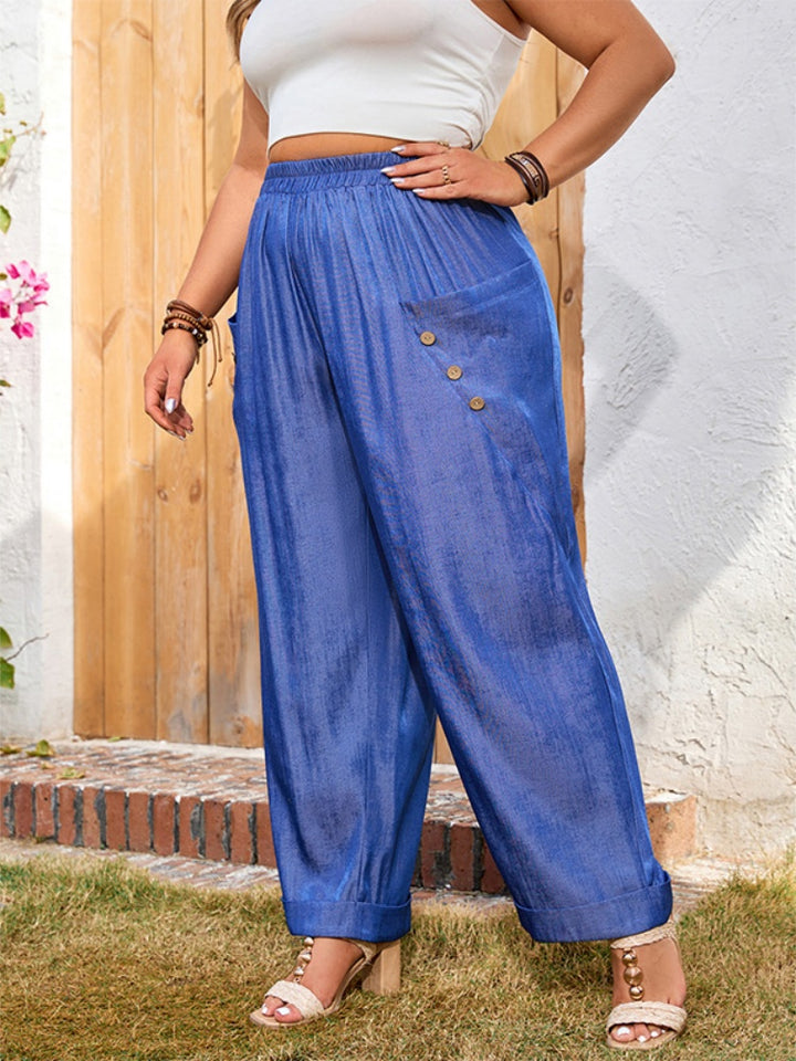 High-Waisted Shiny Blue Harem Pants | Elastic Waist Casual Trousers with Side Buttons