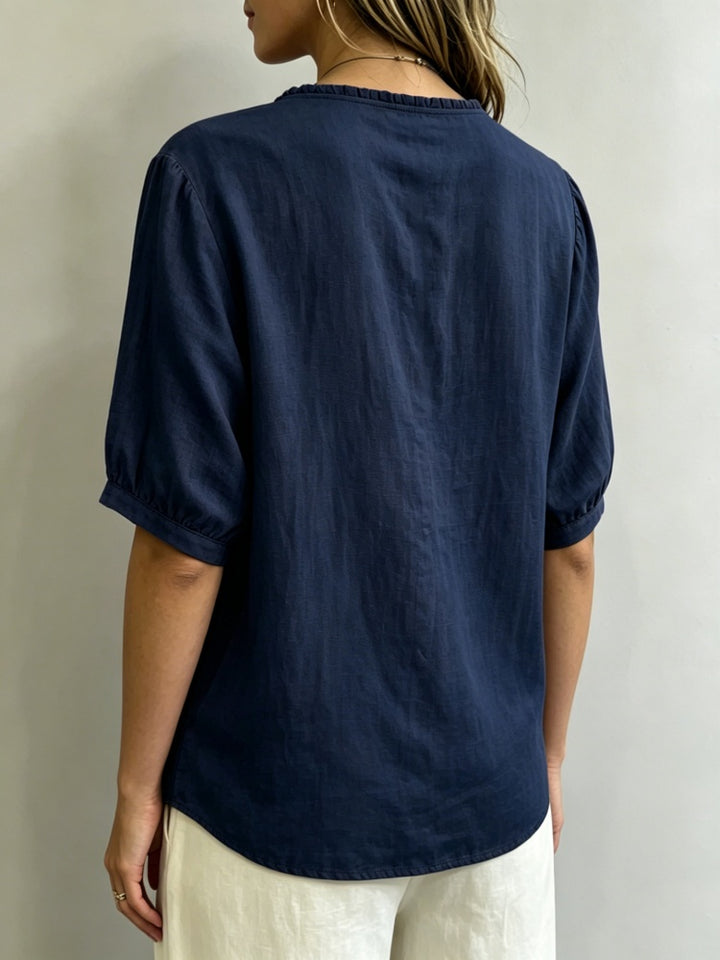 Linen Blend Ruffled Neck Puff Sleeve Button-Down Blouse