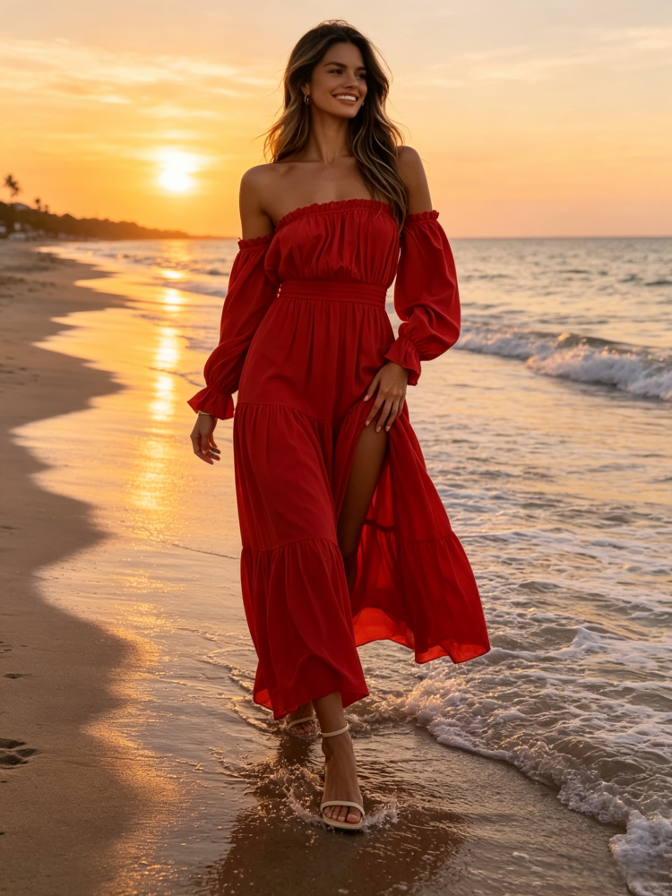 Off-Shoulder Long Sleeve Maxi Dress