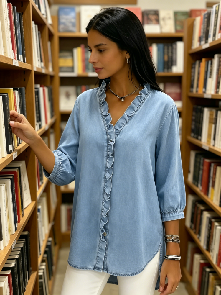 Ruffled V-Neck Denim Button-Down Blouse