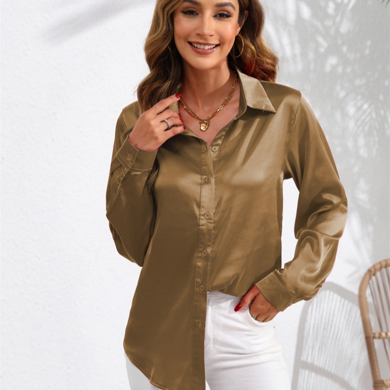Satin Button-Down Shirt with Front Tie
