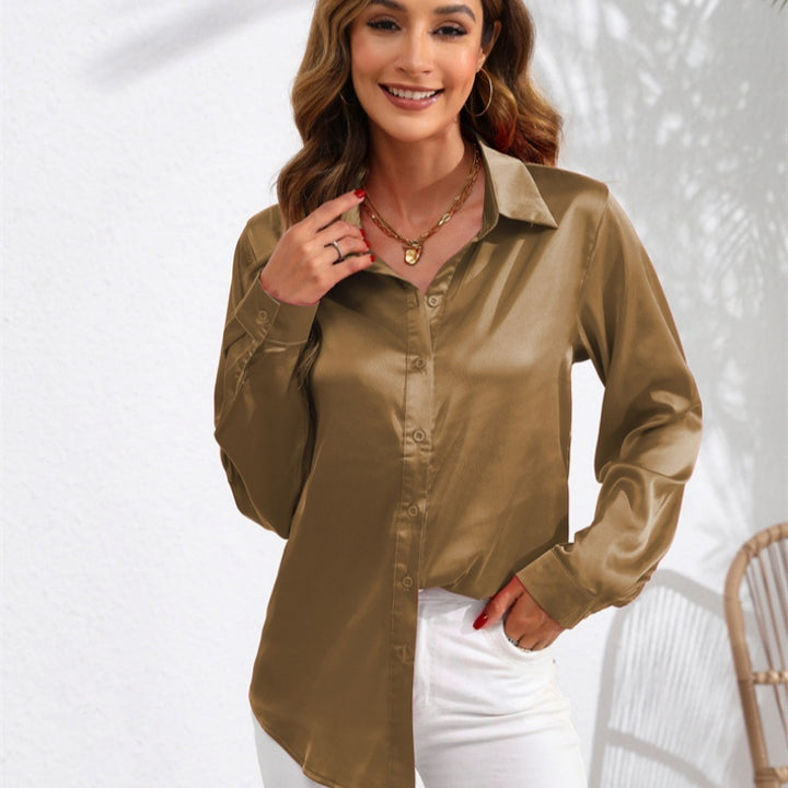 Satin Button-Down Shirt with Front Tie